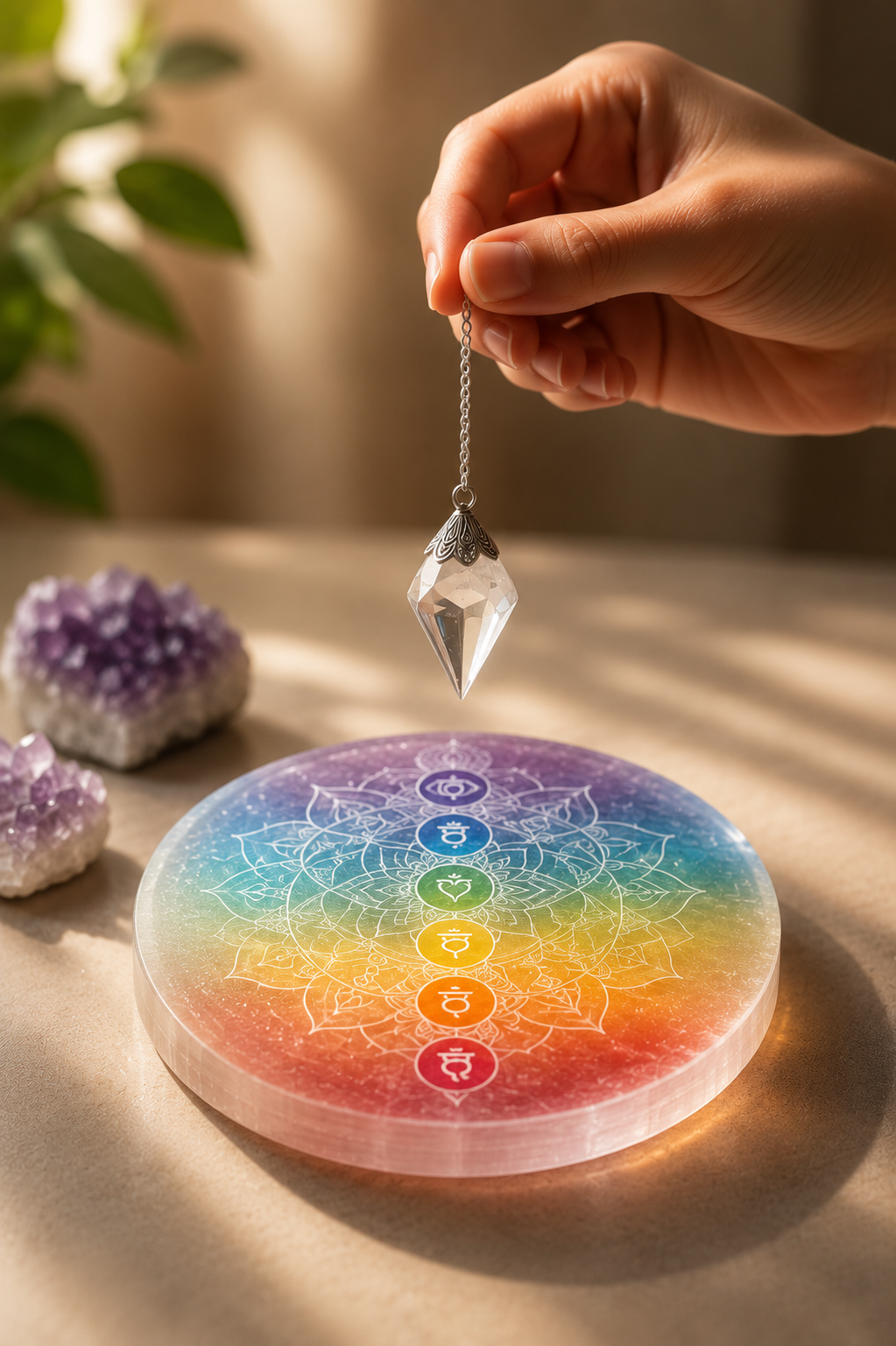 Pêndulo de cristal sobre mandala de chakras em selenita