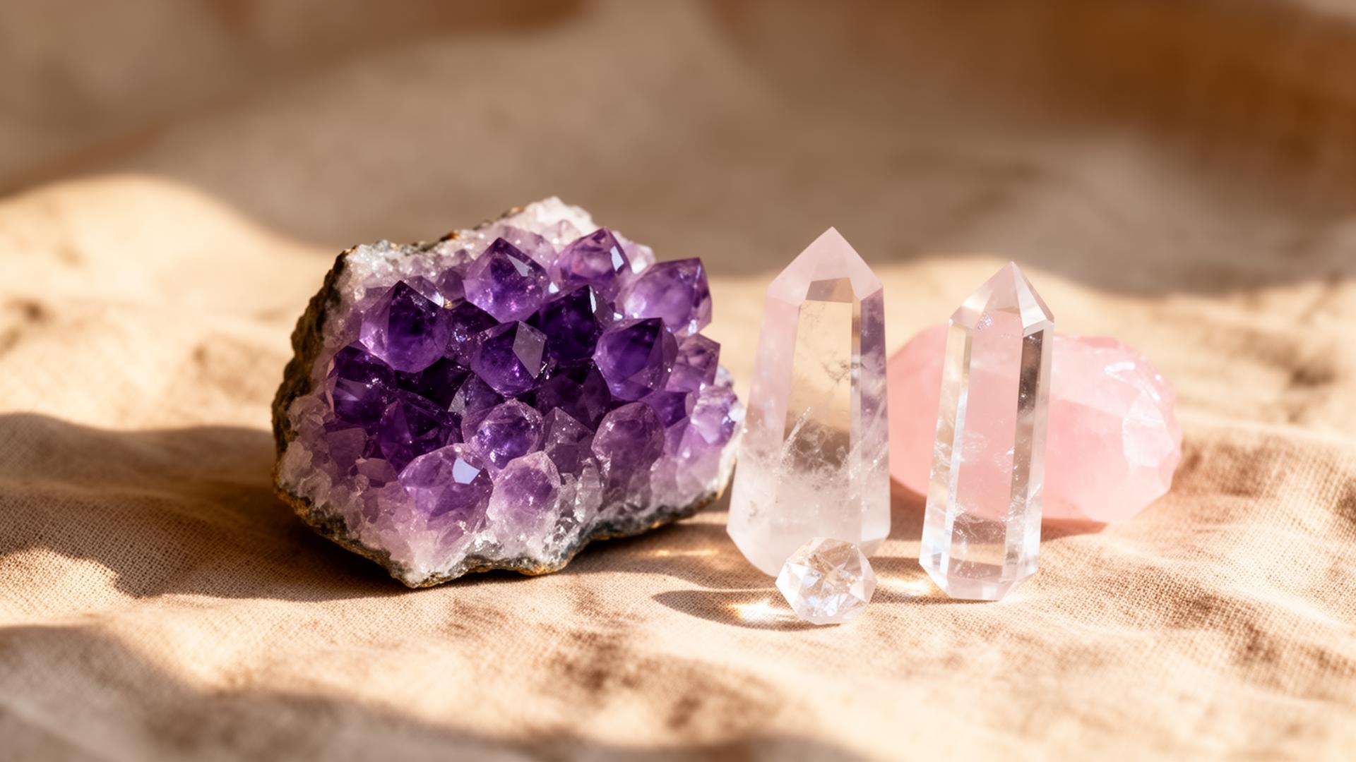 Cristais ametista, quartzo rosa e quartzo cristal